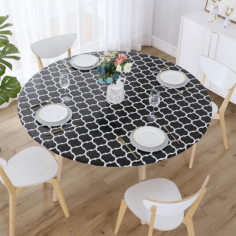 Round Fitted PVC Tablecloth Water Resistant Round Table Cover for Indoor Outdoor Patio -Black