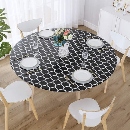 Round Fitted PVC Tablecloth Water Resistant Round Table Cover for Indoor Outdoor Patio -Black
