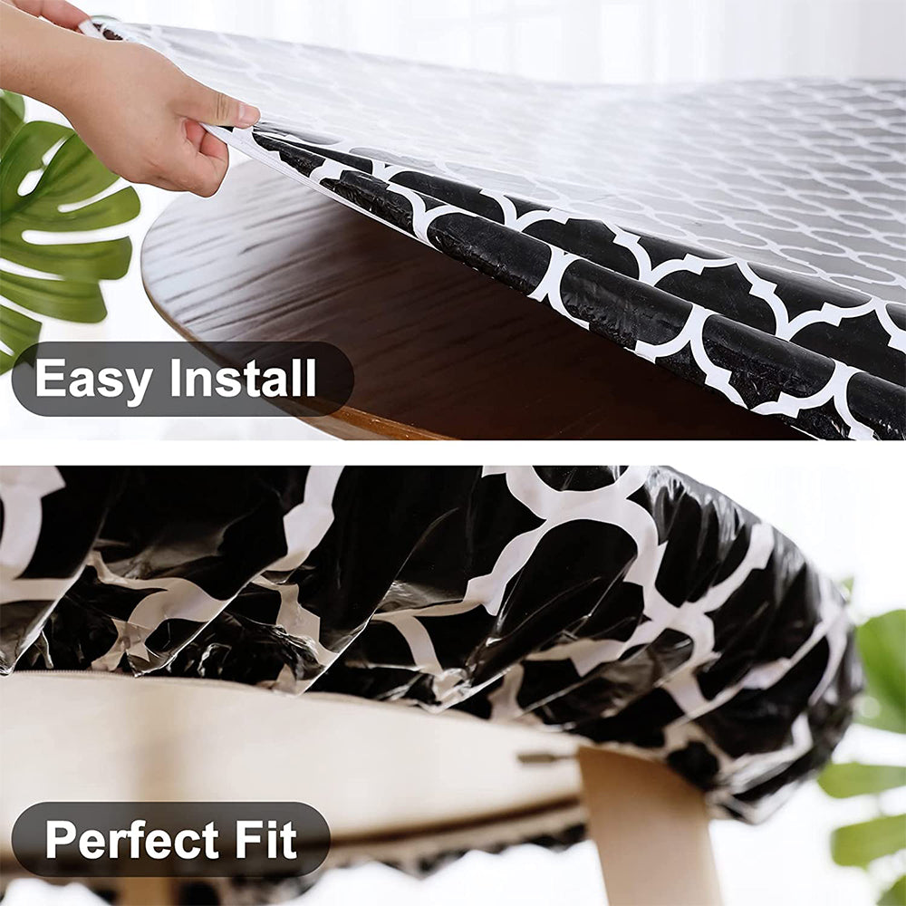 Round Fitted PVC Tablecloth Water Resistant Round Table Cover for Indoor Outdoor Patio -Black