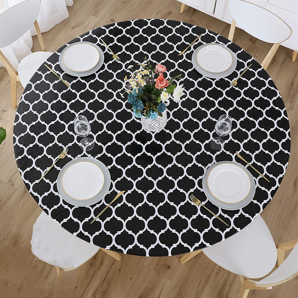 Round Fitted PVC Tablecloth Water Resistant Round Table Cover for Indoor Outdoor Patio -Black