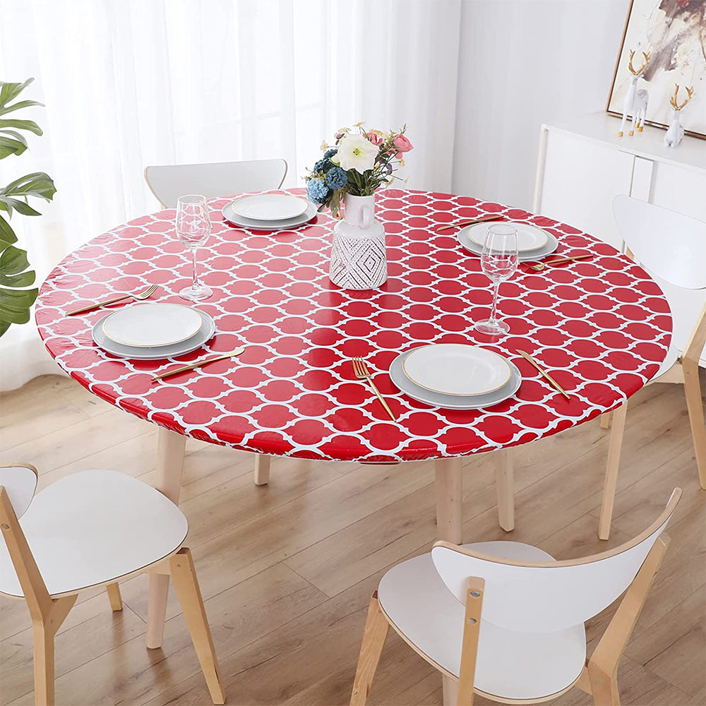 Round Fitted PVC Tablecloth Water Resistant Round Table Cover for Indoor Outdoor Patio -Red
