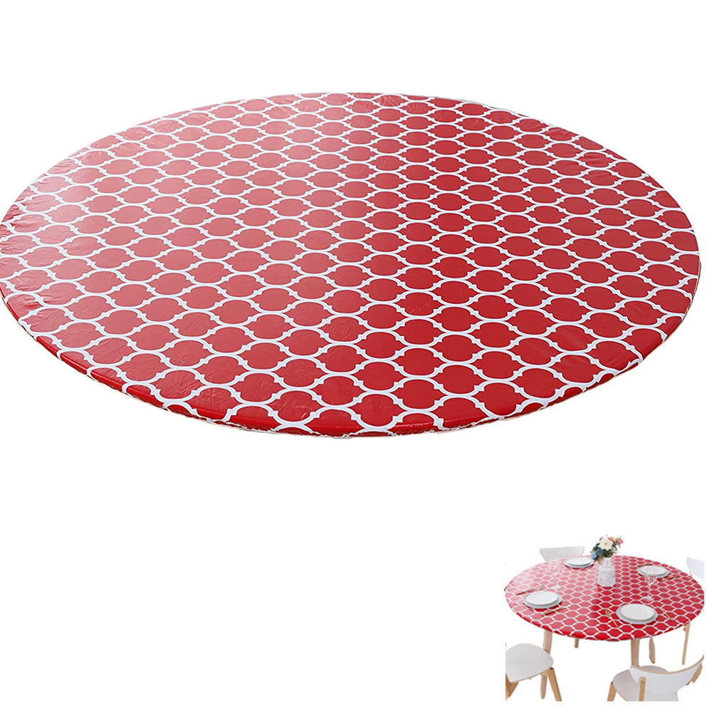 Round Fitted PVC Tablecloth Water Resistant Round Table Cover for Indoor Outdoor Patio -Red