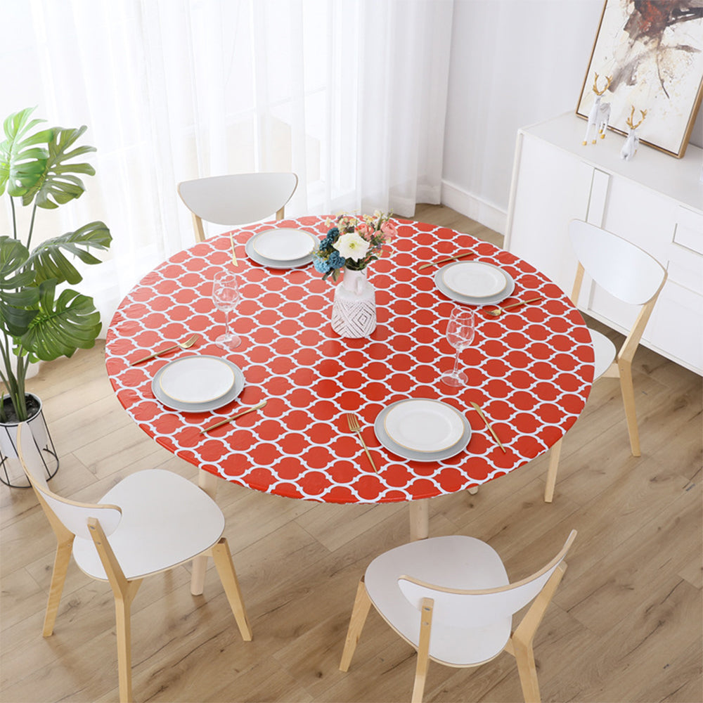 Round Fitted PVC Tablecloth Water Resistant Round Table Cover for Indoor Outdoor Patio -Red