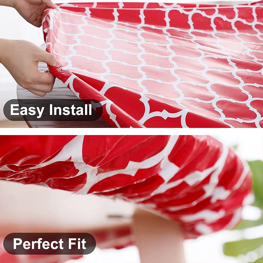Round Fitted PVC Tablecloth Water Resistant Round Table Cover for Indoor Outdoor Patio -Red