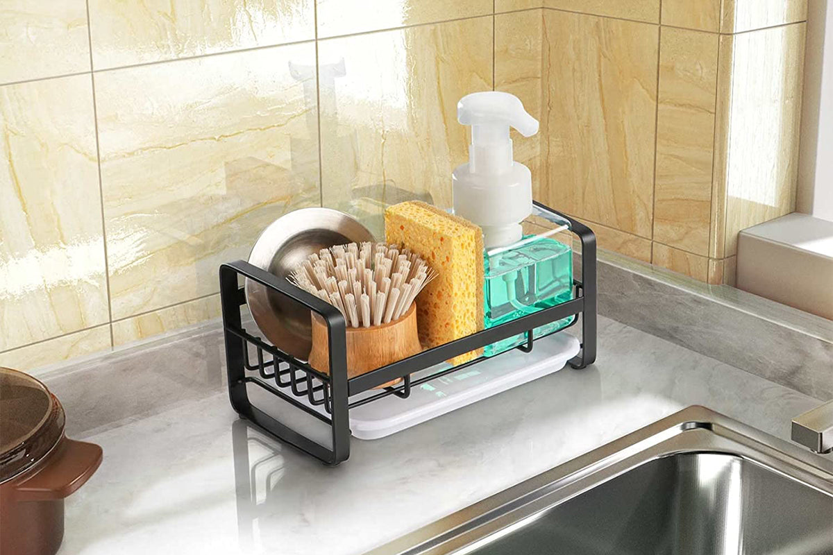 Kitchen Sink Stainless Steel Sponge Holder With Brush Rack Removable Drain Tray-Black