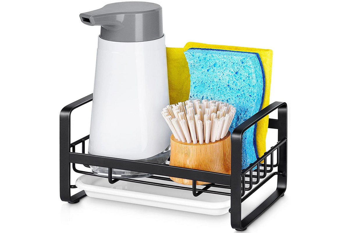 Kitchen Sink Stainless Steel Sponge Holder With Brush Rack Removable Drain Tray-Black