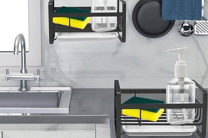 Kitchen Sink Stainless Steel Sponge Holder With Brush Rack Removable Drain Tray-Black