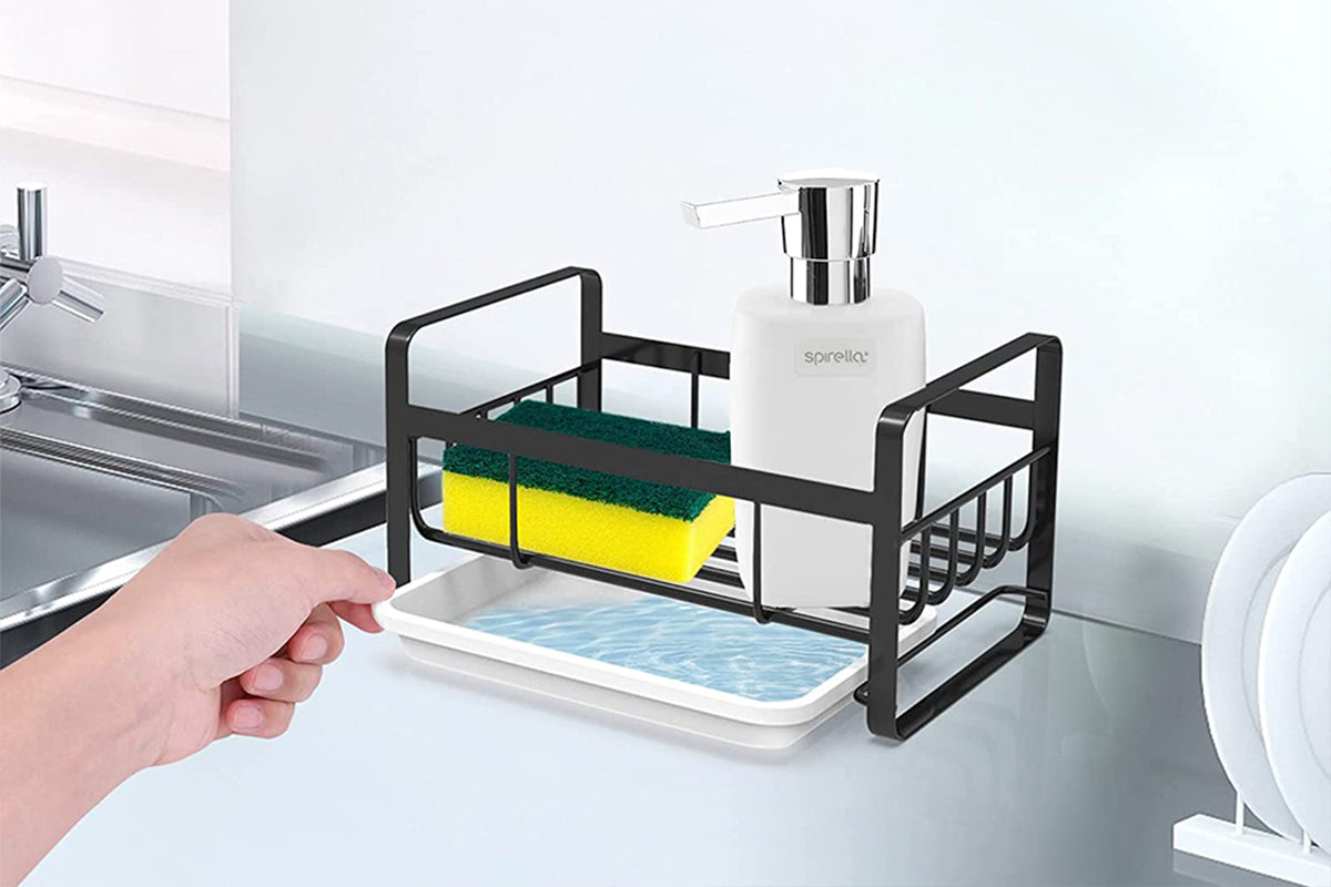 Kitchen Sink Stainless Steel Sponge Holder With Brush Rack Removable Drain Tray-Black