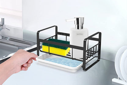 Kitchen Sink Stainless Steel Sponge Holder With Brush Rack Removable Drain Tray-Black