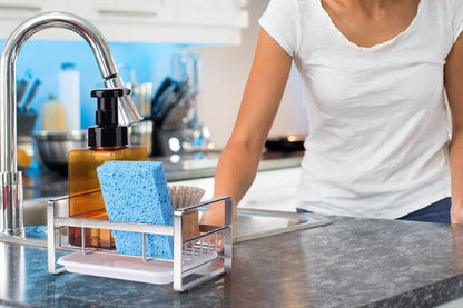 2Pcs Kitchen Sink Stainless Steel Sponge Holder With Brush Rack Removable Drain Tray-Silver
