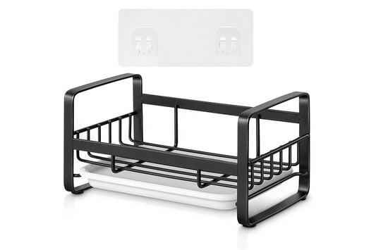 Kitchen Sink Stainless Steel Sponge Holder With Brush Rack Removable Drain Tray-Black