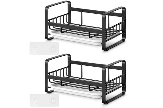 2Pcs Kitchen Sink Stainless Steel Sponge Holder With Brush Rack Removable Drain Tray-Black