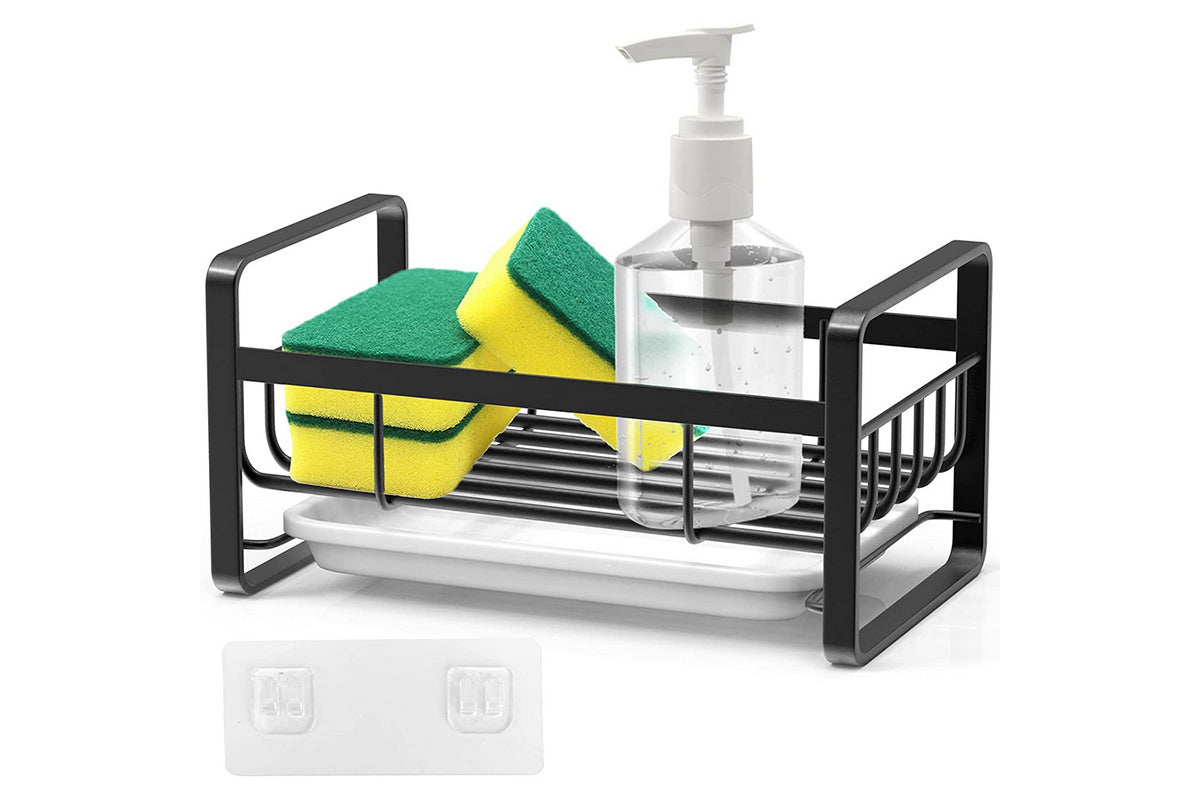 Kitchen Sink Stainless Steel Sponge Holder With Brush Rack Removable Drain Tray-Black