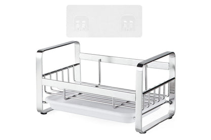 Kitchen Sink Stainless Steel Sponge Holder With Brush Rack Removable Drain Tray-Silver