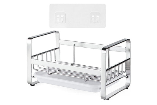 Kitchen Sink Stainless Steel Sponge Holder With Brush Rack Removable Drain Tray-Silver