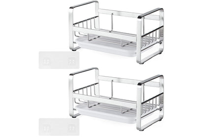2Pcs Kitchen Sink Stainless Steel Sponge Holder With Brush Rack Removable Drain Tray-Silver
