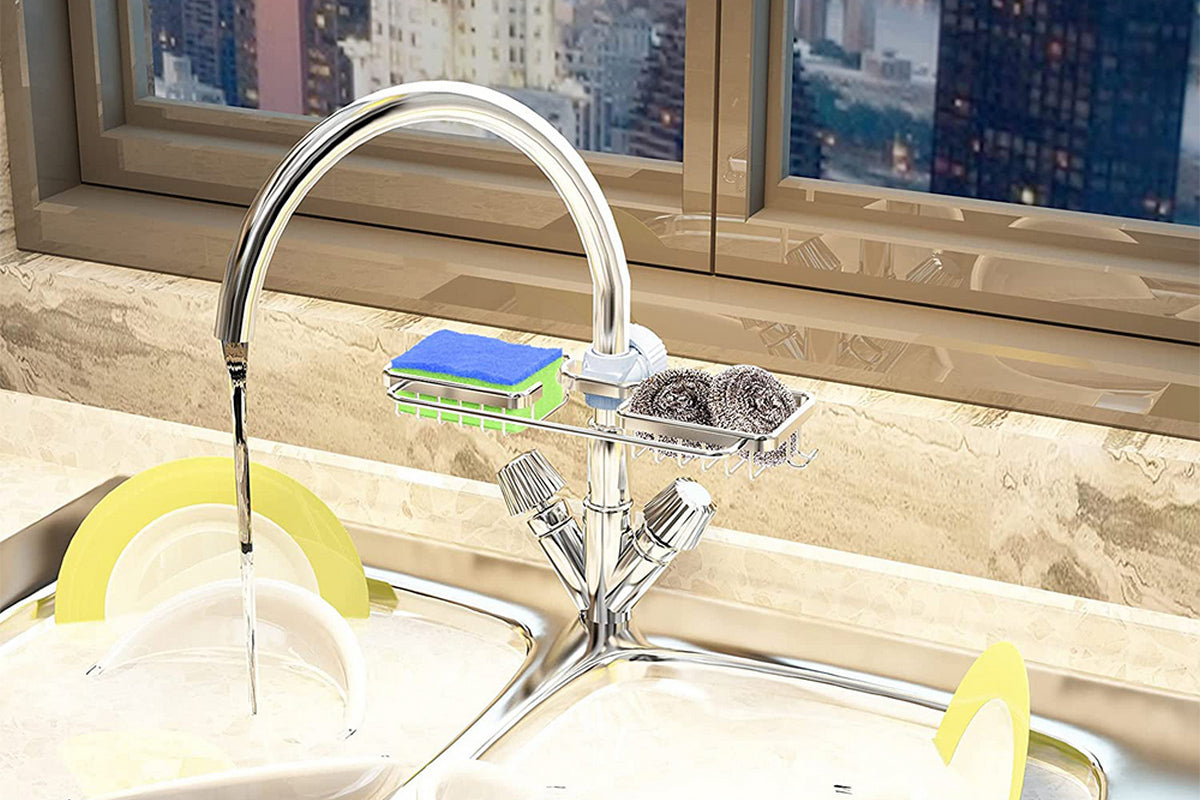 2Pcs Multifunctional Sponge Holder For Kitchen Sink Organizer With Removable Dishcloth Rack-Silver