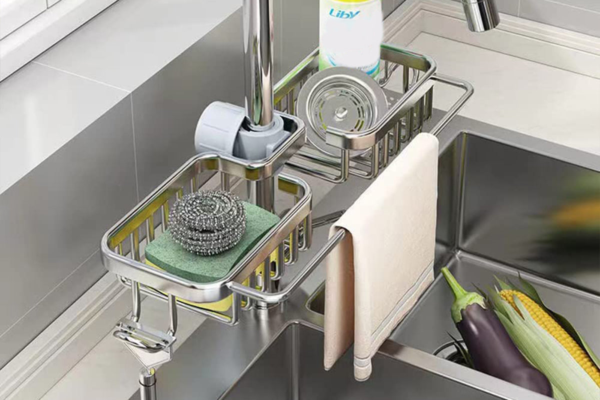 2Pcs Multifunctional Sponge Holder For Kitchen Sink Organizer With Removable Dishcloth Rack-Silver