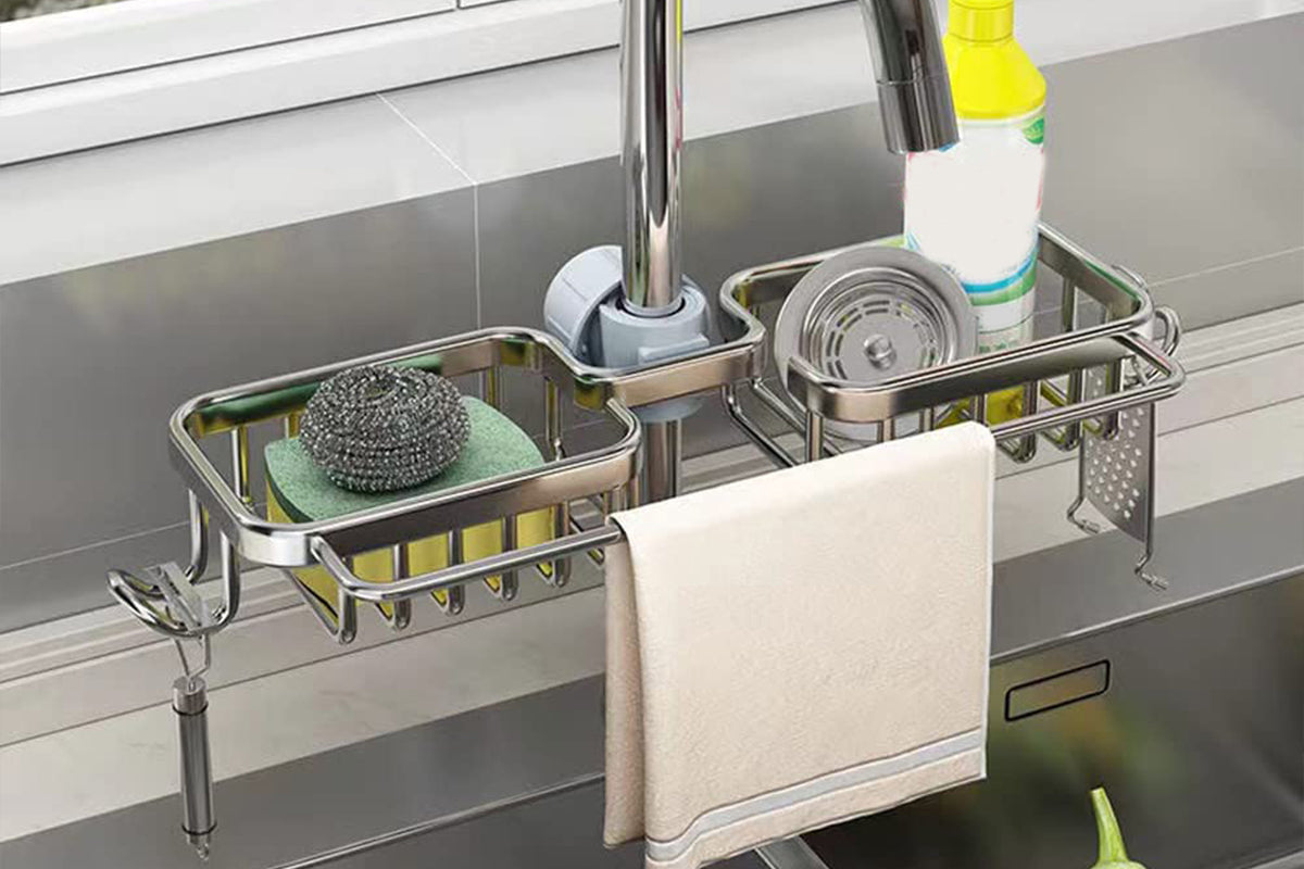 2Pcs Multifunctional Sponge Holder For Kitchen Sink Organizer With Removable Dishcloth Rack-Silver