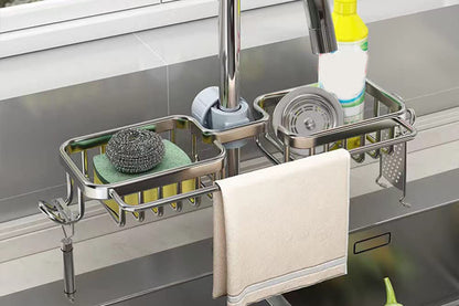 Multifunctional Sponge Holder For Kitchen Sink Organizer With Removable Dishcloth Rack-Silver