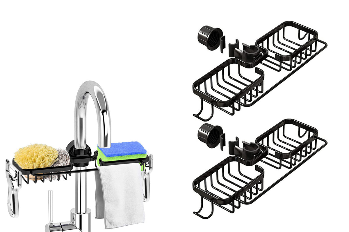 2Pcs Multifunctional Sponge Holder For Kitchen Sink Organizer With Removable Dishcloth Rack-Black