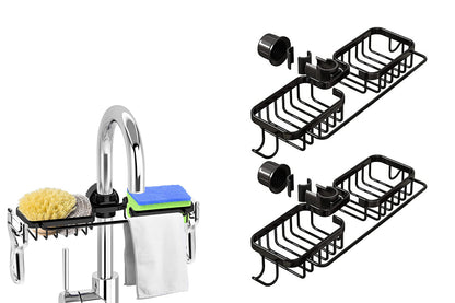 2Pcs Multifunctional Sponge Holder For Kitchen Sink Organizer With Removable Dishcloth Rack-Black