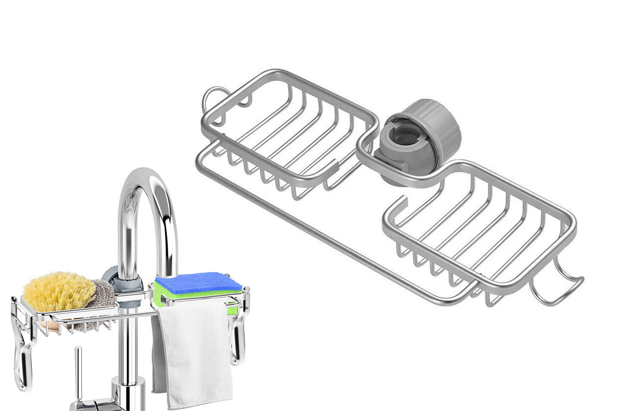 Multifunctional Sponge Holder For Kitchen Sink Organizer With Removable Dishcloth Rack-Silver