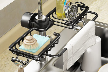 Multifunctional Sponge Holder For Kitchen Sink Organizer With Removable Dishcloth Rack-Black