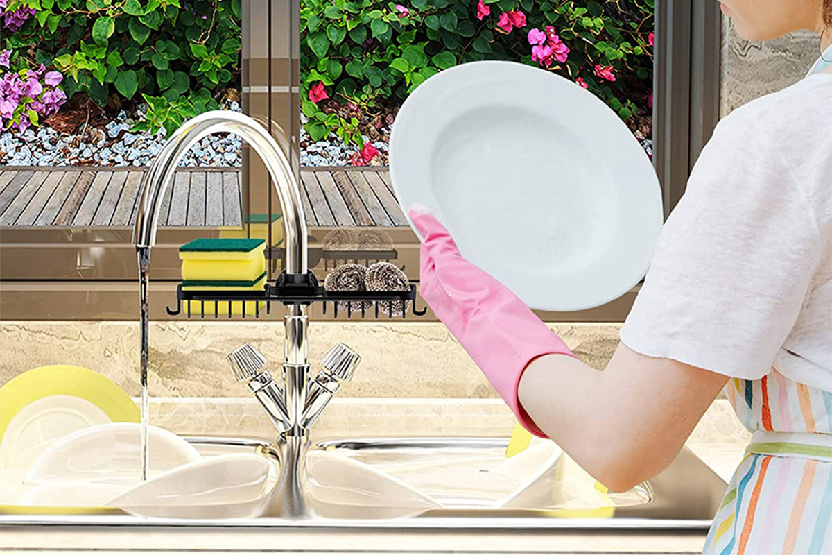 Multifunctional Sponge Holder For Kitchen Sink Organizer With Removable Dishcloth Rack-Black