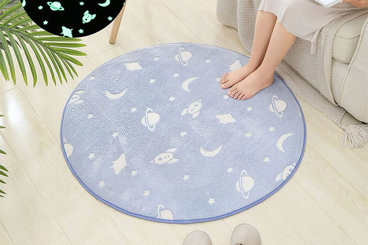 Glow in The Dark Plush Round Area Rug Fluffy Circle Mat Home Decor Bedroom Floor Door Mat Kitchen Rug-Blue