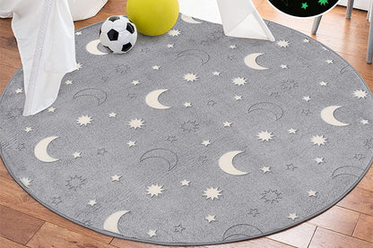 Glow in The Dark Plush Round Area Rug Fluffy Circle Mat Home Decor Bedroom Floor Door Mat Kitchen Rug-Gray