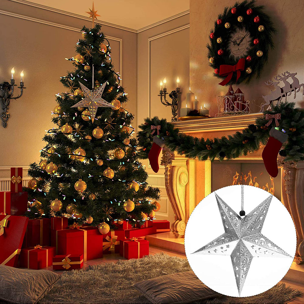 4Pcs Christmas Paper Star Lantern Lampshade 3D Paper Star Hanging Decoration for Xmas Wedding Party Home-Silver