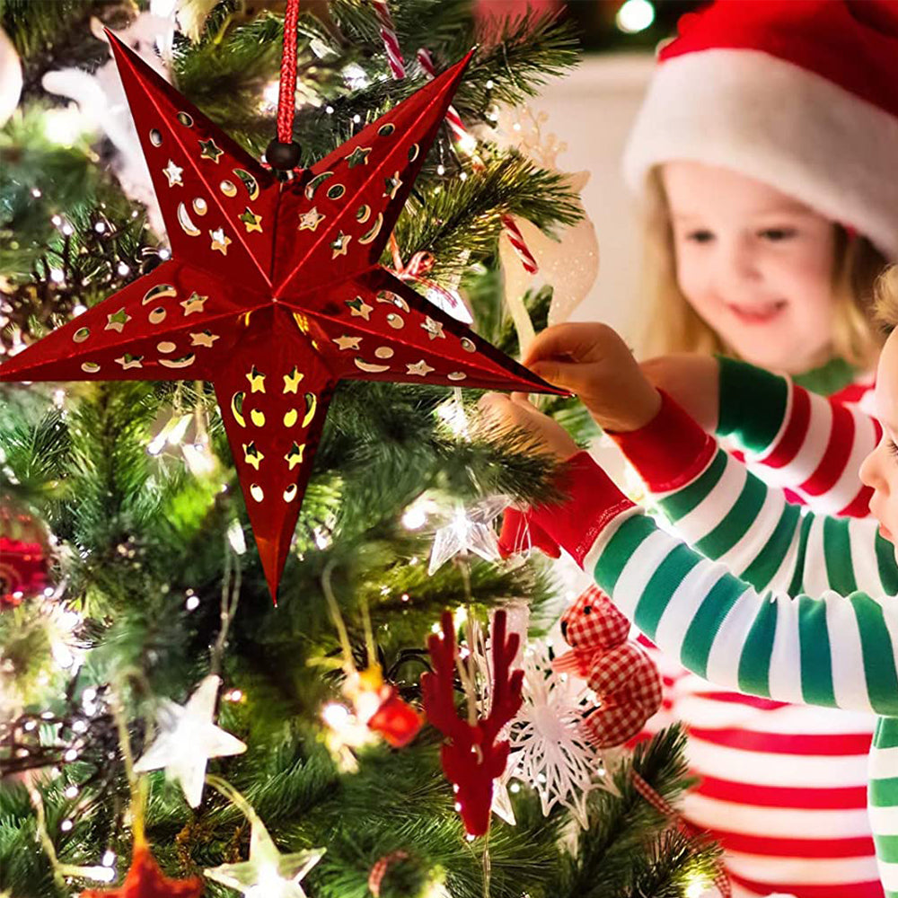 4Pcs Christmas Paper Star Lantern Lampshade 3D Paper Star Hanging Decoration for Xmas Wedding Party Home-Red