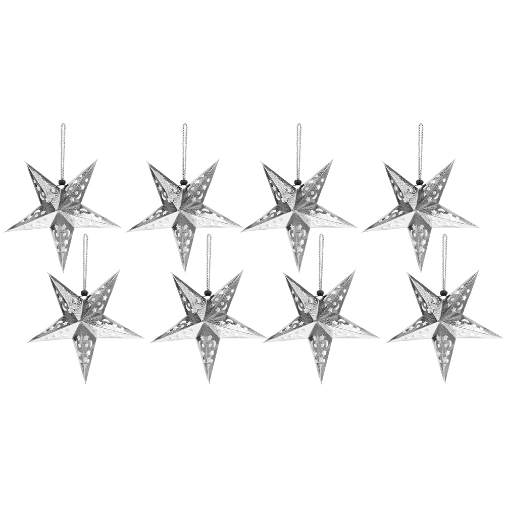 8Pcs Christmas Paper Star Lantern Lampshade 3D Paper Star Hanging Decoration for Xmas Wedding Party Home-Silver