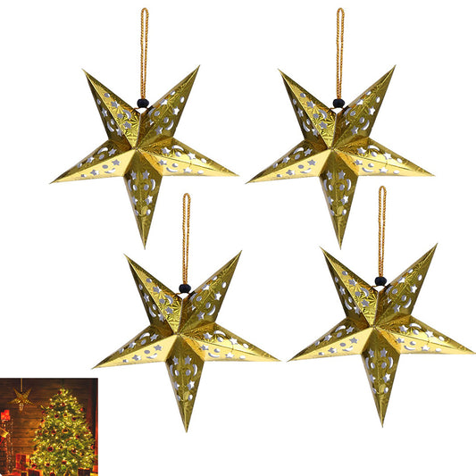 4Pcs Christmas Paper Star Lantern Lampshade 3D Paper Star Hanging Decoration for Xmas Wedding Party Home-Gold