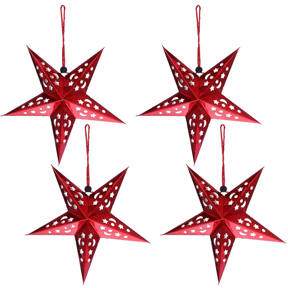 4Pcs Christmas Paper Star Lantern Lampshade 3D Paper Star Hanging Decoration for Xmas Wedding Party Home-Red