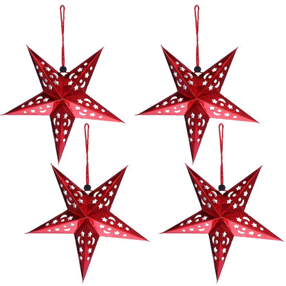 4Pcs Christmas Paper Star Lantern Lampshade 3D Paper Star Hanging Decoration for Xmas Wedding Party Home-Red