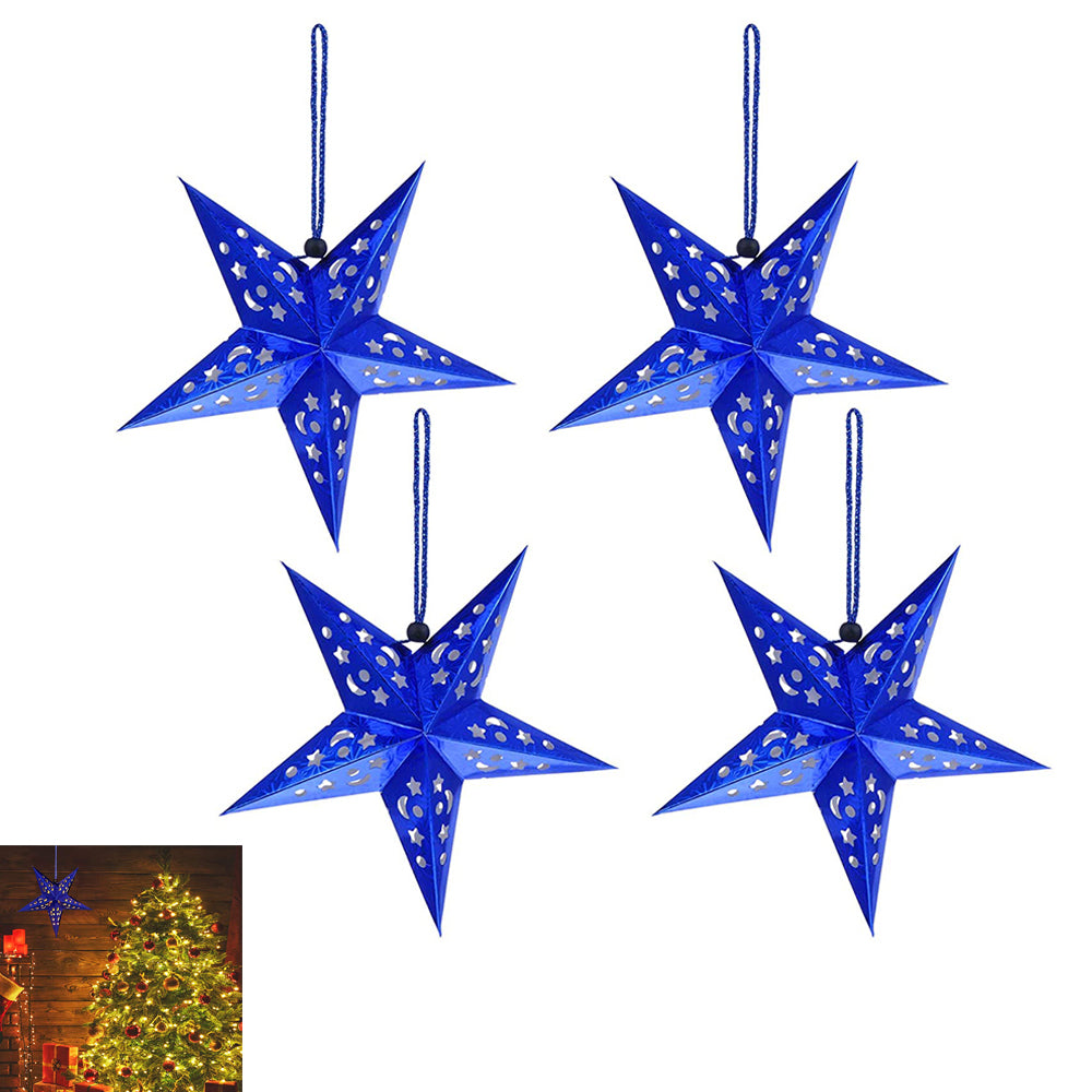 4Pcs Christmas Paper Star Lantern Lampshade 3D Paper Star Hanging Decoration for Xmas Wedding Party Home-Blue