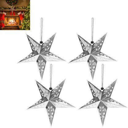 4Pcs Christmas Paper Star Lantern Lampshade 3D Paper Star Hanging Decoration for Xmas Wedding Party Home-Silver