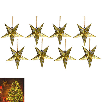 8Pcs Christmas Paper Star Lantern Lampshade 3D Paper Star Hanging Decoration for Xmas Wedding Party Home-Gold