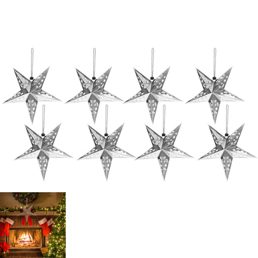 8Pcs Christmas Paper Star Lantern Lampshade 3D Paper Star Hanging Decoration for Xmas Wedding Party Home-Silver