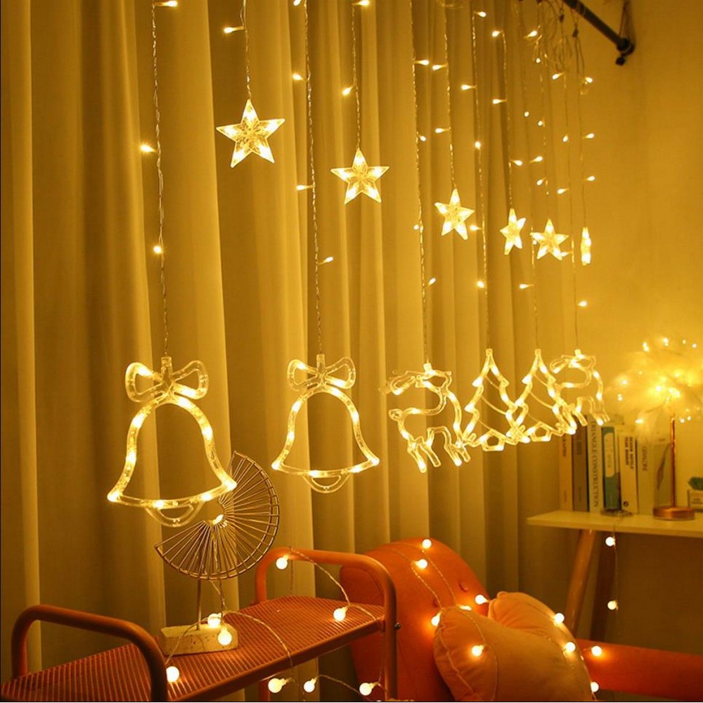 Star Moon Curtain String Light LED Curtain Fairy String for Window Wall Home Decoration -Christmas trio warm white