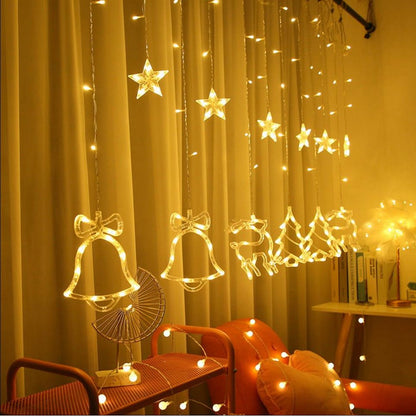 Star Moon Curtain String Light LED Curtain Fairy String for Window Wall Home Decoration -Christmas trio warm white