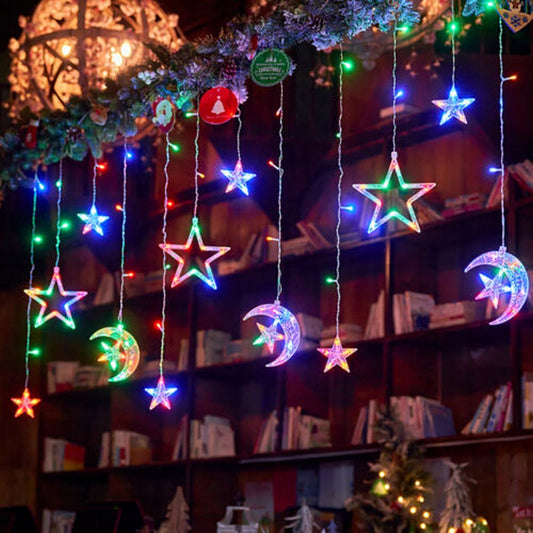 Star Moon Curtain String Light LED Curtain Fairy String for Window Wall Home Decoration -Star and moon colorful