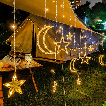 Star Moon Curtain String Light LED Curtain Fairy String for Window Wall Home Decoration -Star and moon warm white