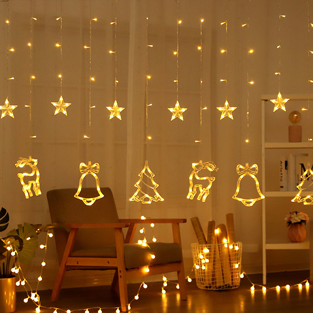 Star Moon Curtain String Light LED Curtain Fairy String for Window Wall Home Decoration -Christmas trio warm white