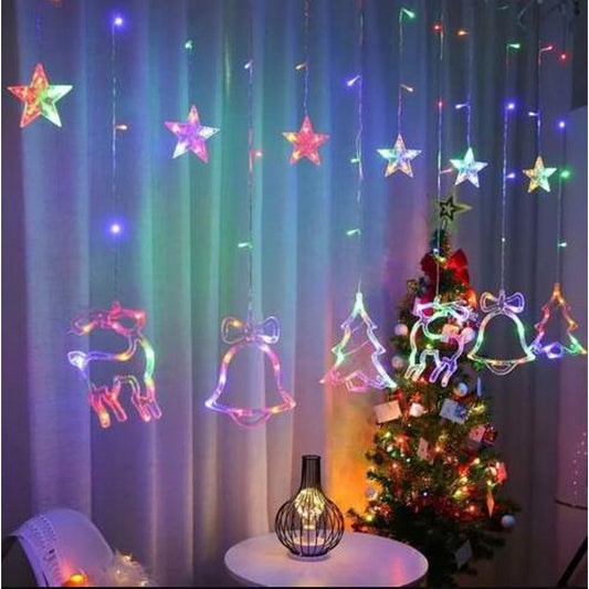 Star Moon Curtain String Light LED Curtain Fairy String for Window Wall Home Decoration -Christmas trio colorful