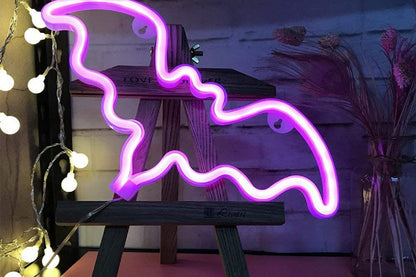 Neon Battery Operated LED Table Lamp Bat Lights Halloween Bedroom Decorations-Pink