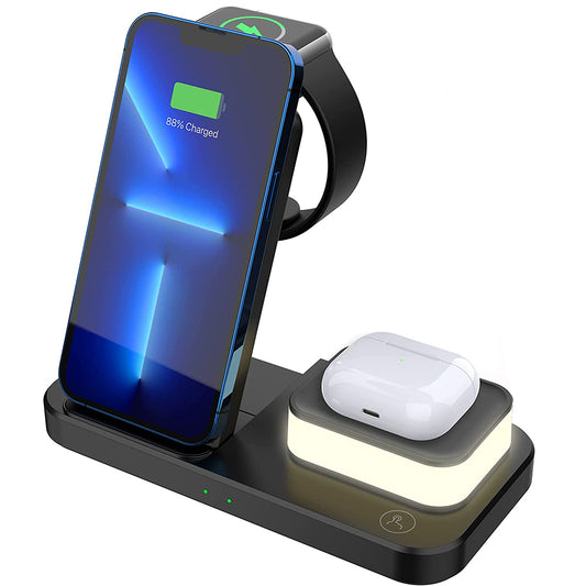 4 in 1 Wireless Charger Foldable Fast Charging Station with Touch Lamp for iPhone Watch Airpods -Black