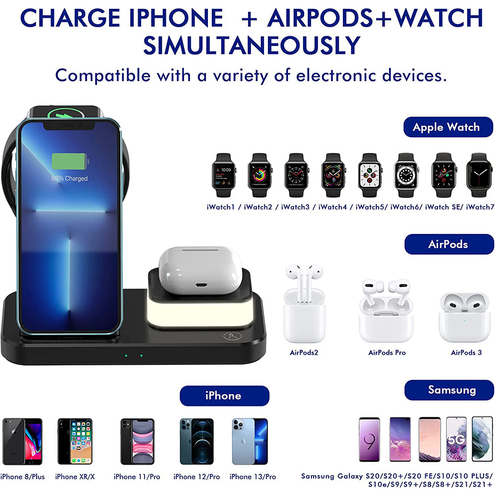 4 in 1 Wireless Charger Foldable Fast Charging Station with Touch Lamp for iPhone Watch Airpods -Black